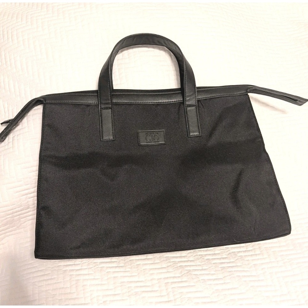 Giorgio Armani Black Canvas Leather Trim Zip Top Tote Bag